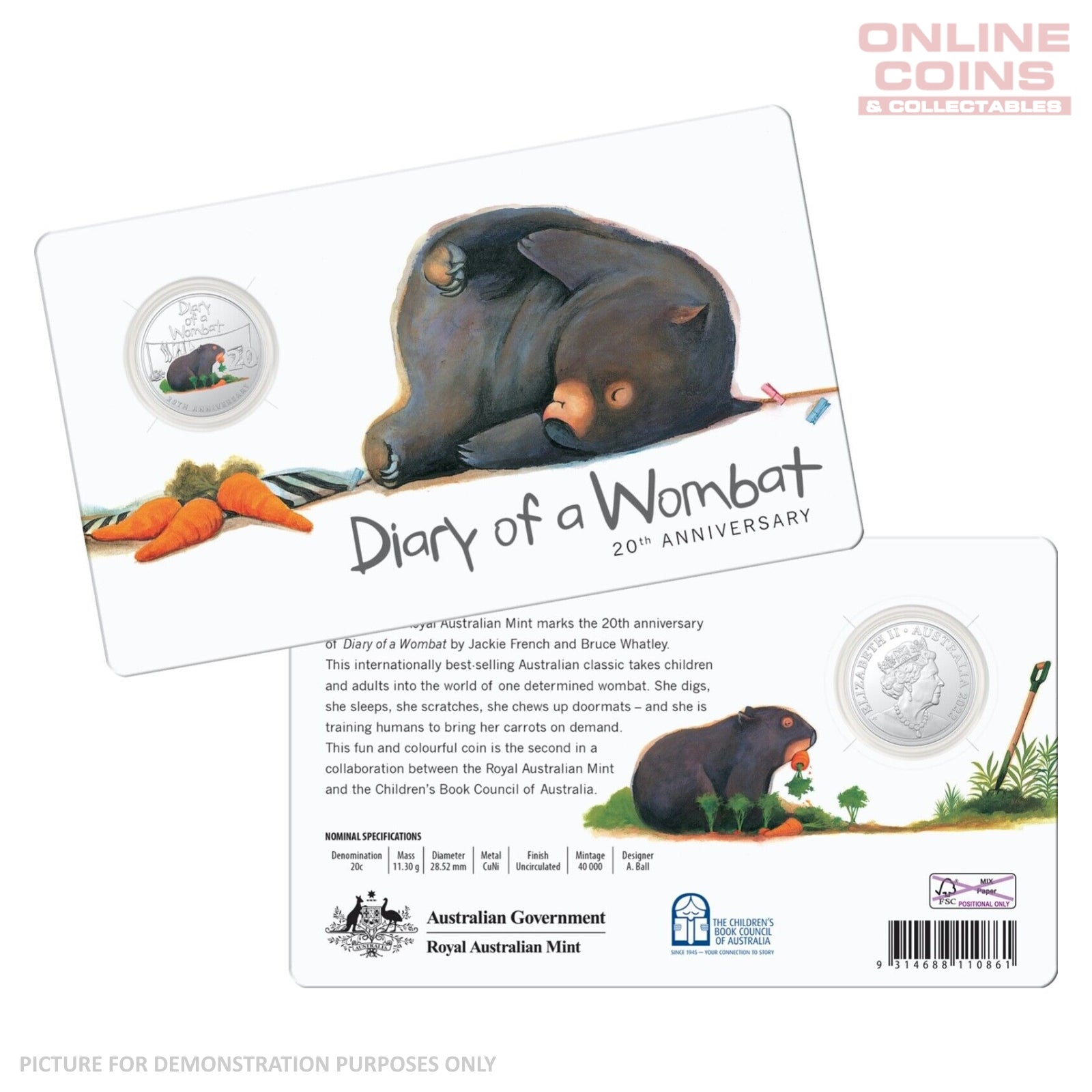 2022 20c CuNi Coloured Uncirculated Carded Coin - 20th Anniversary of Diary of a Wombat
